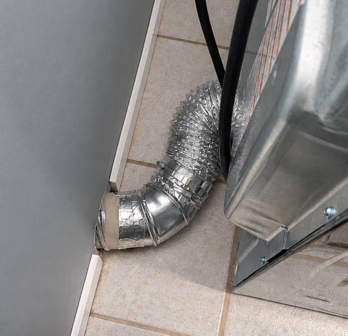 Dryer exhaust duct routed behind the dryer into a wall termination with a wide sweeping bend